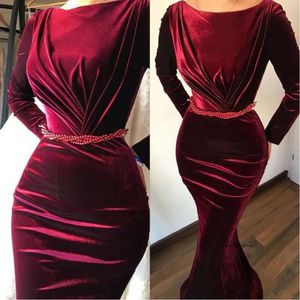 2021 Elegante Veet -jurken Bateau Mermaid Lange mouwen Bury Prom met Pearls Sash Runway jurk avondjurken 0509