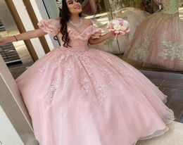 2021 Eleatent Light Rose Quinceanera Robes robe robe de bal plus taille de cou contre-cou en linge en dentelle en dentelle perle douce 15 16 9219325