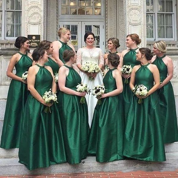 Vestido largo de tafetán para dama de honor, color verde esmeralda, vestidos de fiesta de boda, cuello Halter, sencillo y elegante, para invitados, 2021, 2840