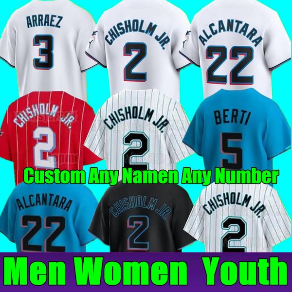 Nouveau personnalisé S-4XL Jazz Chisholm Jr. Jersey Sandy Alcantara Baseball Jon Berti Miamis Max Meyer Luis Arraez Jesus Sanchez Marlins Garcia Sanchez Josh Bell Hommes Femmes Jeunes