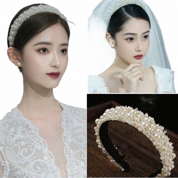 2021 European and American Bride Pearl Headdr Style Style Crystal Wide Hair Band Retro All-Match Wedding Acntices D0af #