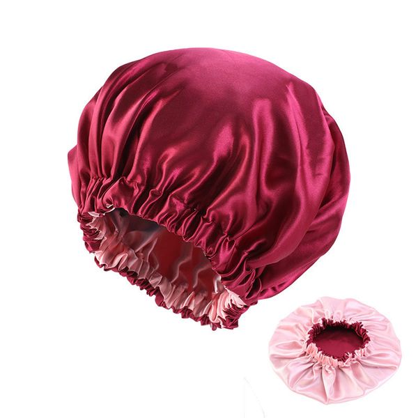 2021 Extra Large Double couche Satin Bonnet femmes couleur unie Turban soyeux confortable nuit bonnet de sommeil Salon dame maquillage coiffe de tête