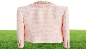 2021 Herfst Herfst Lange mouw V-hals Roze Effen Kleur Tweed Kralen met Rijngespen Double-Breasted Blazers Elegante topkwaliteit Uitloperjassen 21O132027708084