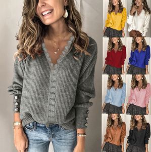 2021 Otoño/Invierno nueva chaqueta de encaje con cuello en V suéter de punto camisetas de manga larga suelta de Color puro para mujeres europeas y americanas