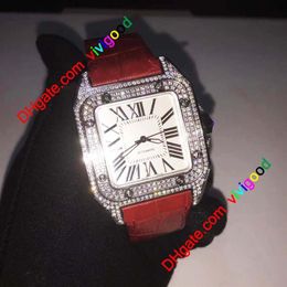 2021 Mode 100-XL Männer Quadratische Uhren 40mm Diamantuhr Lederarmband Automatikwerk Iced Out Herrenuhr316S