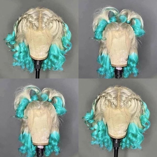 Perruque Lace Front Wig synthétique brésilienne 2021, perruque courte ondulée blonde ombrée verte, perruque de Cosplay pour femmes, mode 360