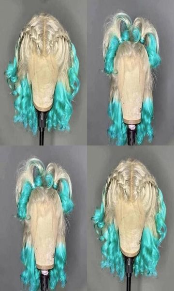 2021 Fashion 360 Frontal Short Wigs ondulé Blonde Ombre Couleur verte Brésilien Clain synthétique Lace Front Perruque Fomen Fomen Cosplay9054015