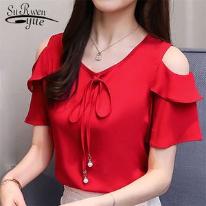 2021 Mode Boog V-hals Zoete Dameskleding Zomer Korte Mouw Chiffon Vrouwen Shirt Blouses Red Women's Tops Blusas D667 30 210303