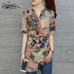 2021 mode chiffon dames kleding korte mouw losse plus size dames shirt blouse v-neck printing dames tops blusas 210303