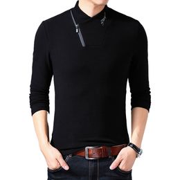 Camiseta de algodón a la moda 2021 para hombre, camiseta de manga larga para hombre, Tops de gran tamaño con cuello estampado y cremallera de Color sólido