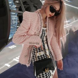 Fashion design vrouwen roze kleur elegante tweed wollen kralen strass knopen lange mouw blazer jas casacos SML