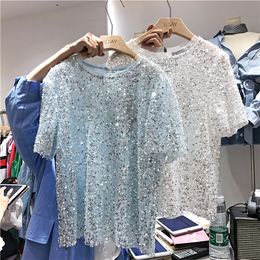 Fashion design dames t-shirts o-hals korte mouw paillette lovertjes glanzende bling losse tops zomer tees SML