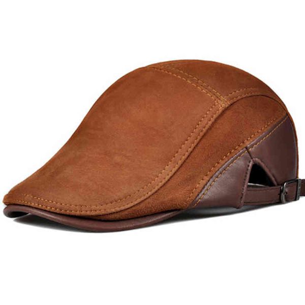 Béret en cuir véritable pour homme, casquette décontractée, Style européen, en peau de mouton, daim, noir/marron, chapeaux en bec de canard, à la mode, 2021