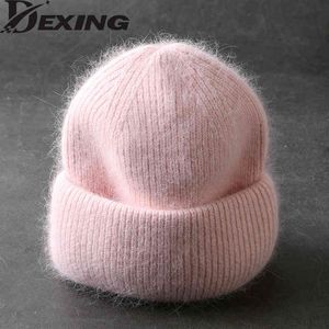 2021 Fashion Fabbit Bont Zachte warme pluizige winter hoed voor vrouwen angora gebreide skullies mutsen vrouwelijke motorkap vrouw gebreide dop