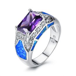 2021 Mode Vrouwelijke Blauw Wit Brand Opaal Ring Zilver Kleur Paars Regenboog Steen Verlovingsringen Dames Bruiloft Sieraden