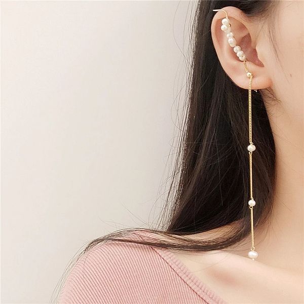 2021 mode Imitation perle chaîne oreille manchette Cartilage boucles d'oreilles pour femmes élégant fleur longue gland oreille Clip femme bijoux