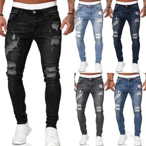 2021 Mode Jeans Hommes Ripped Skinny Jeans Bleu Crayon Pantalon Moto Party Pantalon Casual Street Vêtements Denim Jogger Pantalon X0621