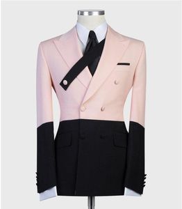 Trajes de moda para hombre, esmoquin rosa y negro para novio de boda, chaqueta hecha a medida, pantalones, traje Formal para fiesta de graduación de alta calidad, 2021