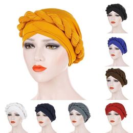 2021 Moda Color puro Trenza Musulmana Mujeres Turbante Sombrero Chemo Cap Headwrap Headwear Material Leche Silk1281K
