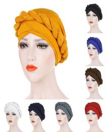 2021 Fashion Pure Color Braid Mujeres musulmanas Gombado de turbante Capas de quimioterapia Material de algodón de cabeza Material Milk Silk15114301