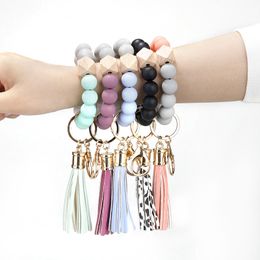 2021 Mode Siliconen Bead Armband Party Gunst Beuken Kwastje Keychain Hanger Lederen Armbanden Dames Sieraden Sleutelhangers Gratis levering