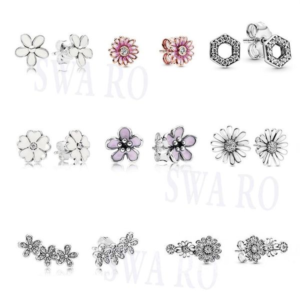 Boucles d'oreilles Trio en argent 2021, pavé scintillant, marguerite rose, fleur, nid d'abeille, hexagone, bijoux originaux pour femme, cadeau 307D, à la mode, 925