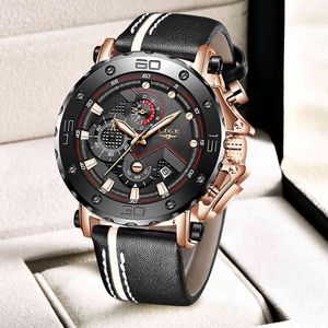 2021 Mode Sport Heren Horloges Lige Topmerk Luxe Big Dial Military Quartz Klok Lederen Waterdichte Chronograph Horloge voor Mannen Q0524