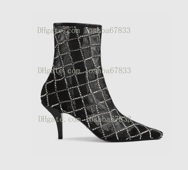 Femmes Maille Haute Qualité Été Bottes Nues Mode Strass Pointu En Cuir Fermeture Éclair Cool Bottes 7.5 cm Spectacle Fête En Plein Air Occasionnel Chaussures De Mariage Boîte Assortie 35-42