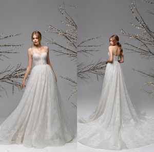 2021 Robes de mariée de mode sexy bretelles spaghetti dos nu robes de mariée sur mesure dentelle paillettes balayage train a-ligne robe de mariée