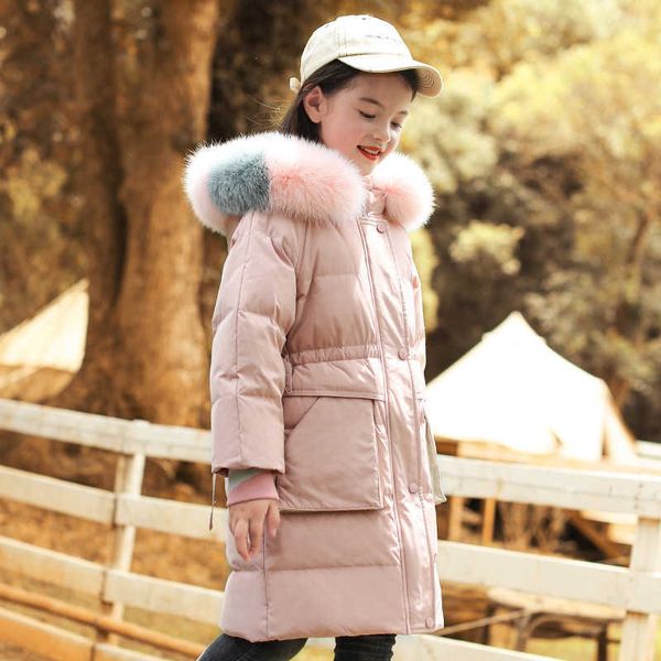 Moda 2021, chaqueta de invierno para niña, ropa con capucha, Parka, Color de mapache real, abrigo con cuello de piel, ropa de abrigo para niños y adolescentes H0909