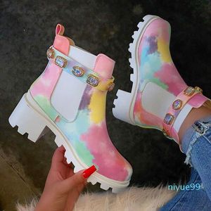 2021 Mode Vrouwen Enkellaarzen Herfst Winter Square Hak Platform Short Boot Middle Diamond Slip op schoenen voor dames