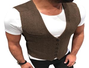 2021 Mode Wol Bruidegom Vesten Bruiloft Bruin Patchwork Visgraat Tweed Bruidegom Vest Slim Fit Heren Pak Vest Prom Bruiloft W6627021