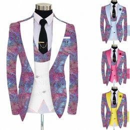 2021 Fi Roze Bloemen Gedrukt Mannen Pak 3 Stuks Tailored Bruidegom Tuxedo Slim Fit Prom Blazer Jasje Wit vest Broek V06g #