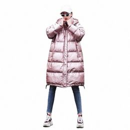 2021 Fi Pink Glossy Down Acolchado Parka LG Invierno Chaqueta cálida Mujeres Gruesas con capucha de gran tamaño Abrigo suelto Cott Mujer X5iq #