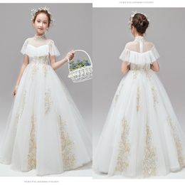 2021 First Holy Communion Robes High Neck Ivory Ivory Tulle Gold Broidered Boho Sleeves Flower Gilr Robe pour le mariage Back