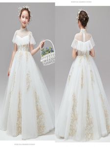 2021 Robes de première communion col haut en tulle ivoire or brodé Boho manches courtes fleur Gilr robe pour mariage enfant en bas âge 7730574