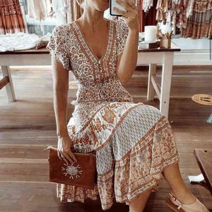 2021 Robe de plage d'été à imprimé floral pour femmes dames dames col en V robe à manches courtes femme robe boho hippie robe chic x0521