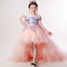 2021 Flower Girl Dress Children Wedding BRIDAMID Mermaid Jurken Kids Roze Tutu Pailletten jurken Girl Boutique Party Draag Elegante jurken 205r