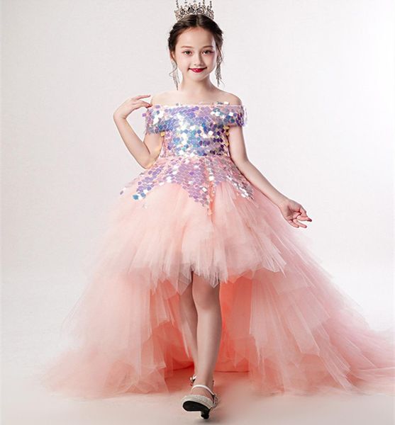 2021 Robe de fille de fleur enfants mariage demoiselle d'honneur robes de sirène enfants rose tutu robes de paillettes fille boutique vêtements de fête élégant Fro7388302