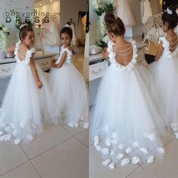 2021 vestidos de flores para niñas para bodas Scoop Ruffles encaje tul perlas espalda descubierta princesa niños boda cumpleaños fiesta vestidos BA9258I