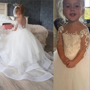 2021 Vestidos para niñas de flores Apliques de encaje blanco Tul Mangas largas Cuello de joya Espalda abierta Tren de barrido Cumpleaños Comunión Niños Niña Vestidos de desfile Lazo escalonado