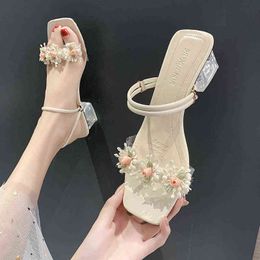 Sandalias de gladiador con flores 2021, zapatos de tacón alto con punta abierta para verano, zapatos de tacón sin cordones para mujer, zapatos de cuña informales para mujer, zapatos deslizantes de playa para mujer G220518