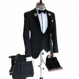 2021 Costume noir formel hommes pour vêtements d'affaires veste sur mesure Fi marié costume de mariage smoking Veet revers Blazer gilet pantalon 86E2 #