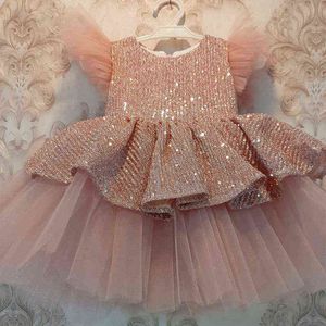 2021 formel enfant élégant 1er anniversaire robe pour bébé fille baptême dentelle princesse robes paillettes fête moelleux tutu robe robes G1129
