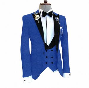 2021 Costume formel hommes 3 pièces Jacquard bleu royal veste personnalisée Fi marié costume de mariage smoking pointe revers blazer gilet pantalon A8P5 #