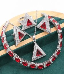 2021 Geometrische rode stenen Zilveren sieraden Set voor vrouwelijke armband oorbellen ketting hanger ring5434286