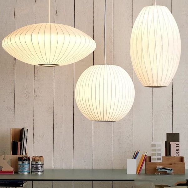 Lámpara con platillo de burbujas George Nelson E27 LED, luz colgante de seda blanca, bola plana de seda blanca, iluminación colgante de seda blanca, 2021