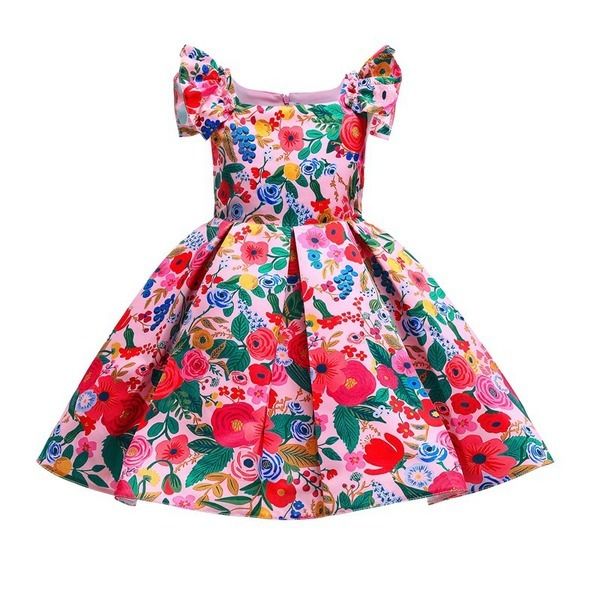 2021 vestido de verano para niñas de Europa y América, ropa de algodón con estampado Floral de manga corta para niños pequeños, vestidos de princesa Q0716