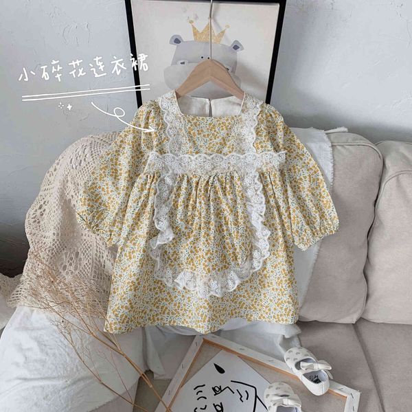 2021 Niñas Caída Cuello cuadrado Manga larga Vestido de encaje bordado floral Niñas Ropa de otoño Vestido de princesa Niña Ropa para niños Q0716