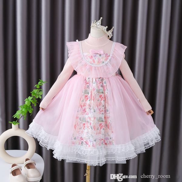 Vestido de princesa de encaje para niñas, vestidos de tutú de manga larga de tul empalmado con lazo de Lolita, ropa para niños, otoño e invierno, S1692, 2021